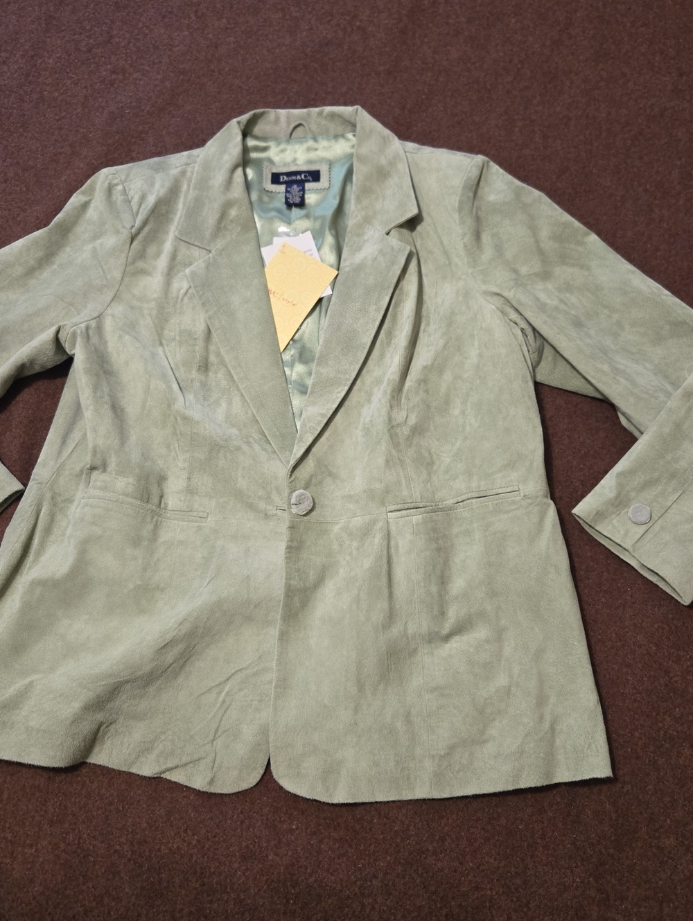 New! Denim & Co Sage Green Suede Leather One Button Jacket GORGEOUS